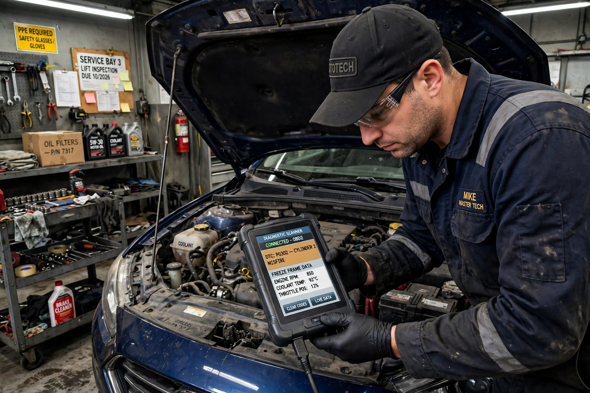 Mechanic diagnosing an engine code with a scanner in a garage