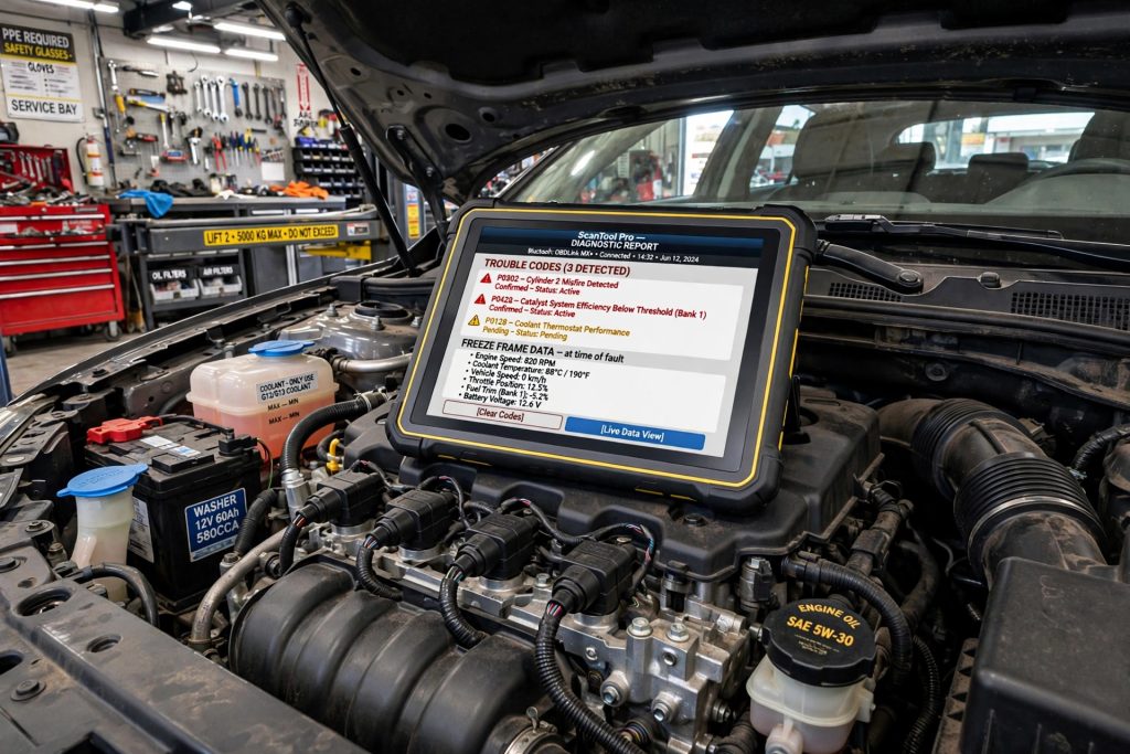 Complete list of OBD-II engine trouble codes with diagnostic tablet on engine