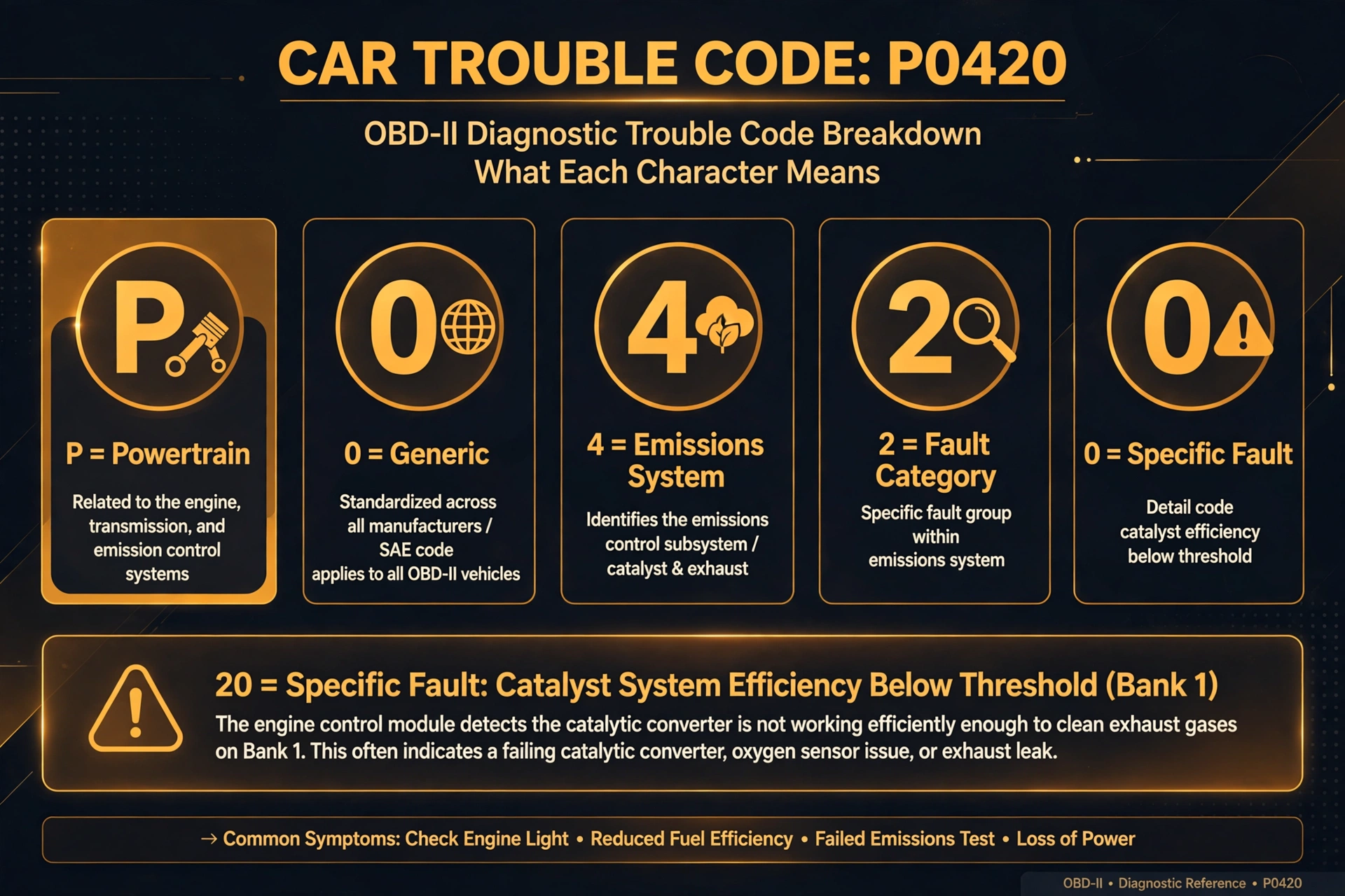 Five-character OBD2 code breakdown: P0420 explained by position