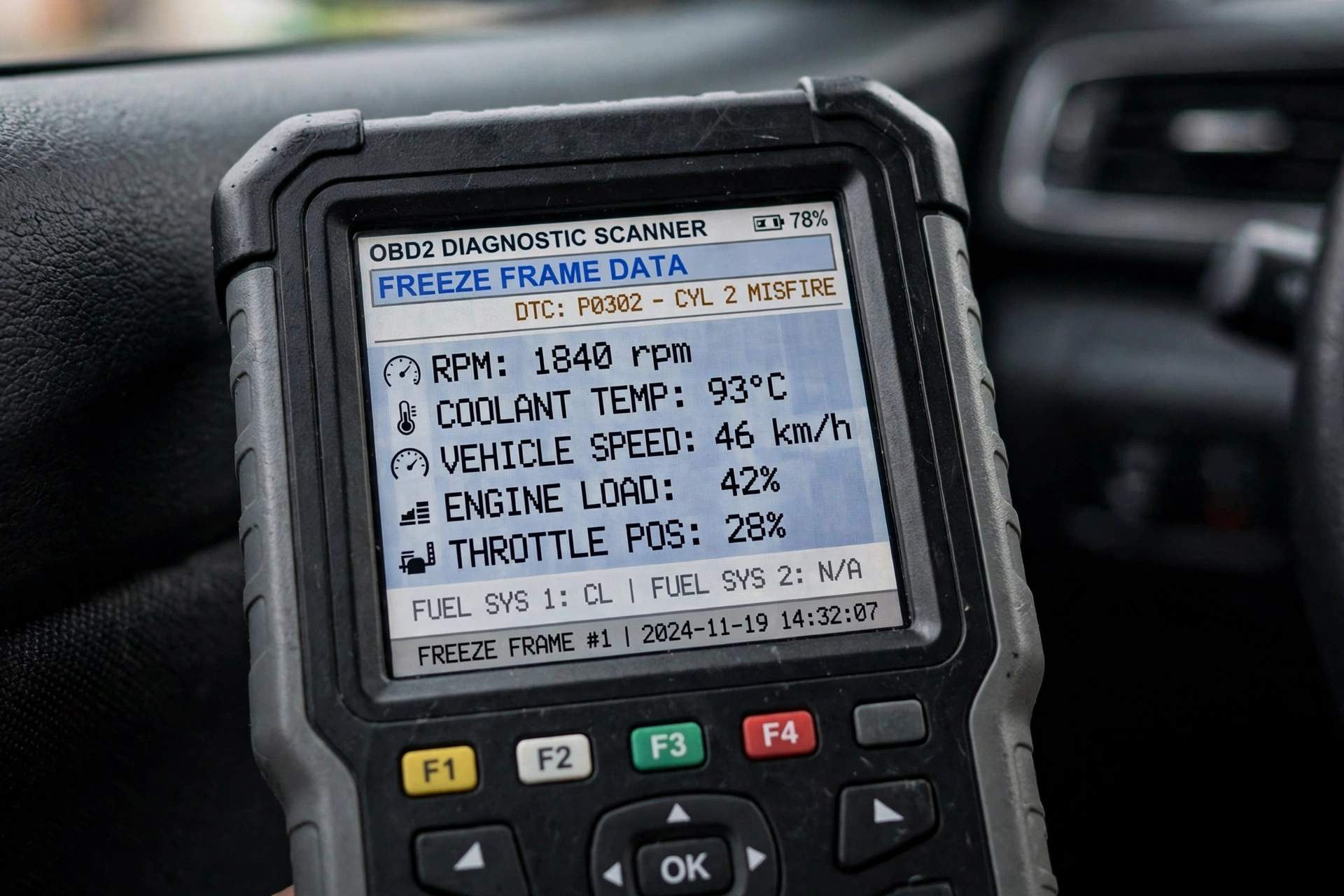 Freeze frame data on an OBD2 scanner showing RPM, coolant temp and engine load