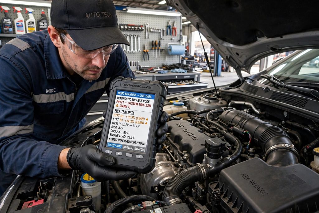 Mechanic diagnosing fuel system lean code with OBD2 scanner showing fuel trim data