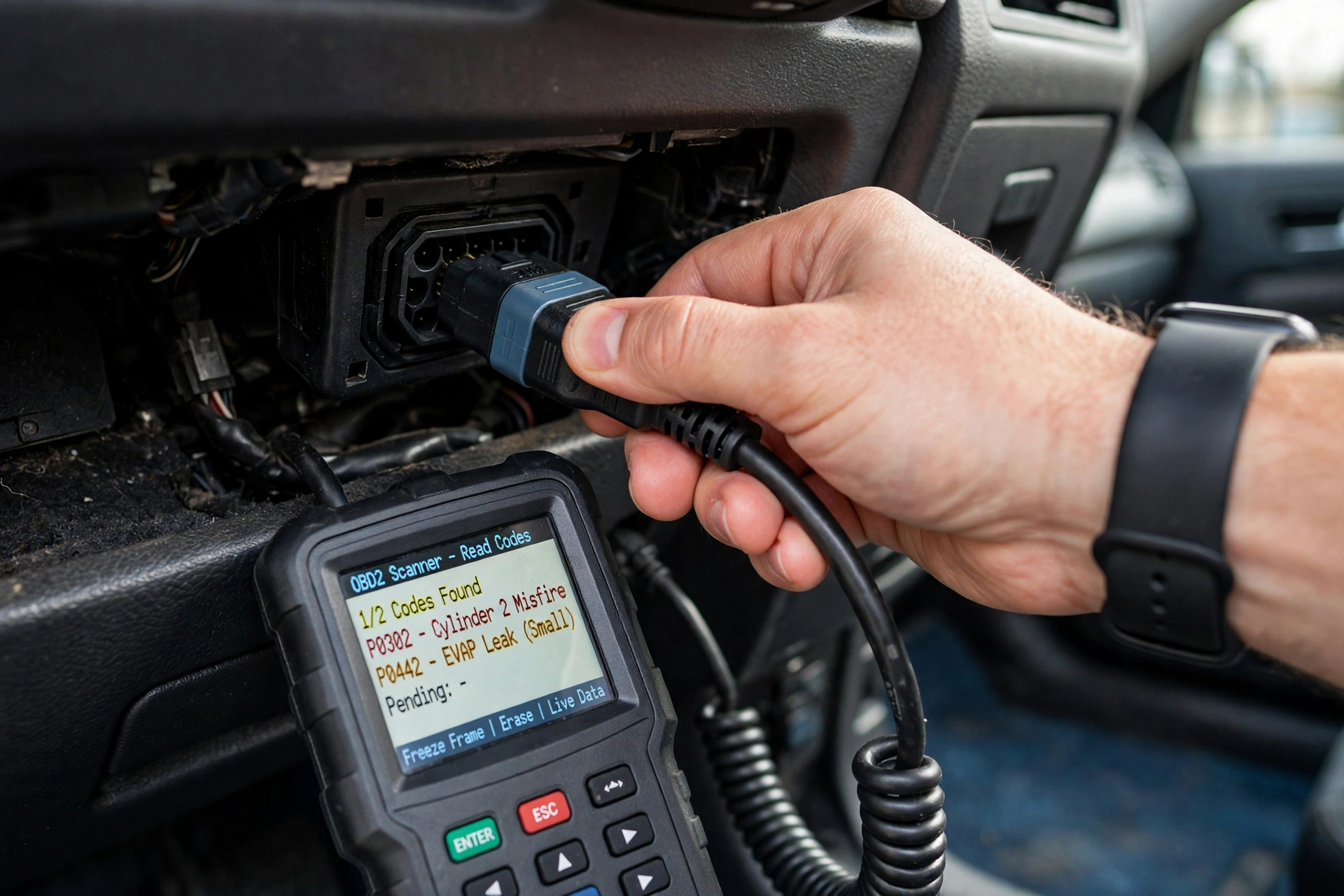 How to pull engine codes: OBD2 scanner plugged into the 16-pin diagnostic port