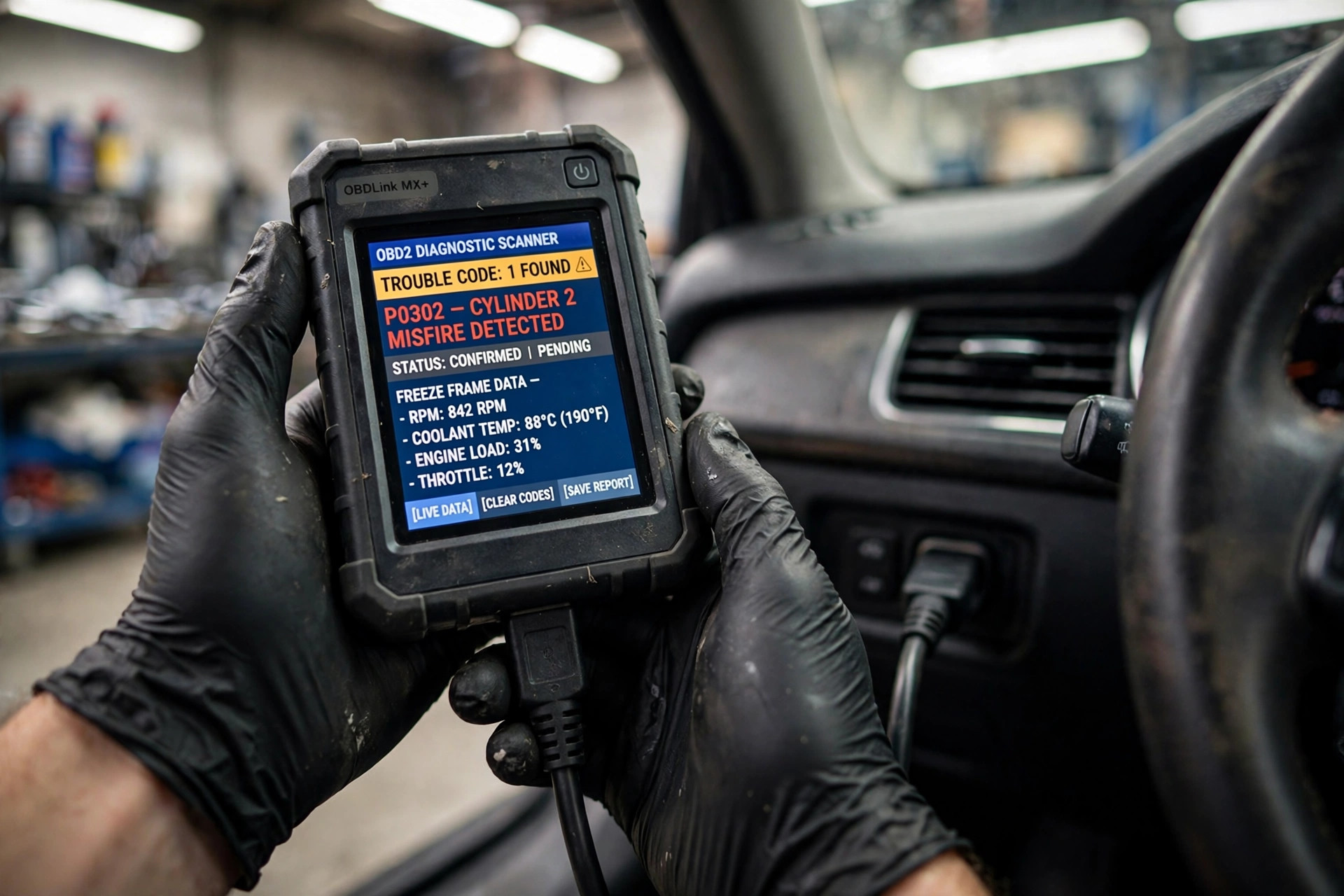 Mechanic using OBD2 scanner to read check engine light trouble codes