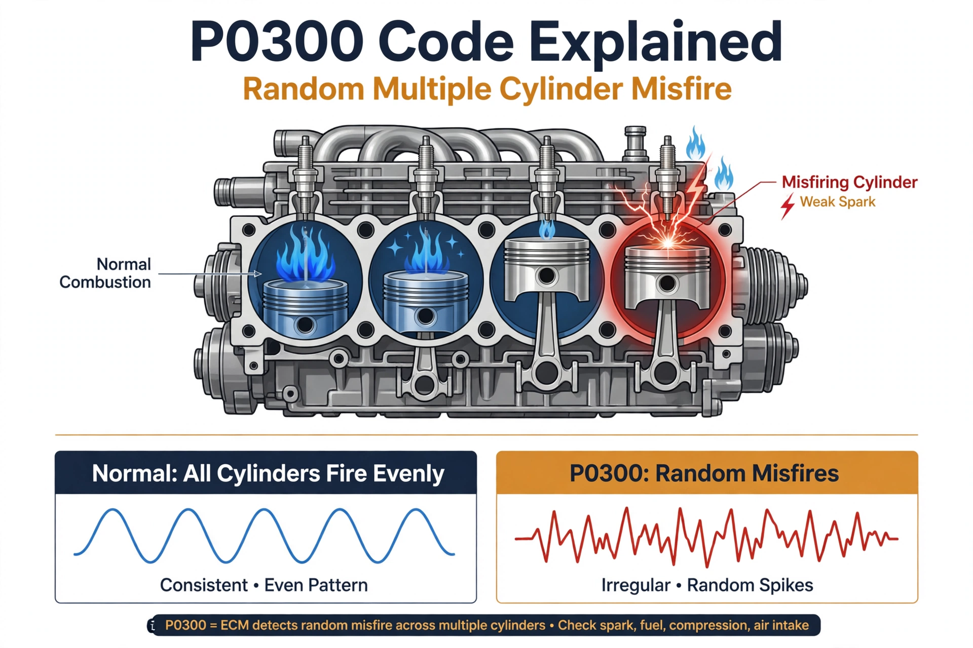 P0300 code explained - misfire diagram