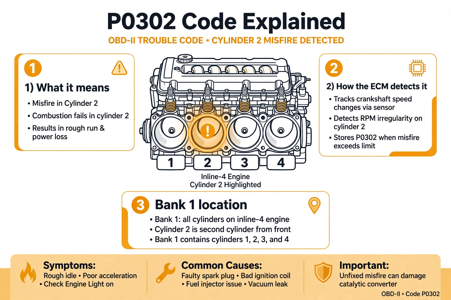 P0302 code explained - cylinder 2 misfire diagram