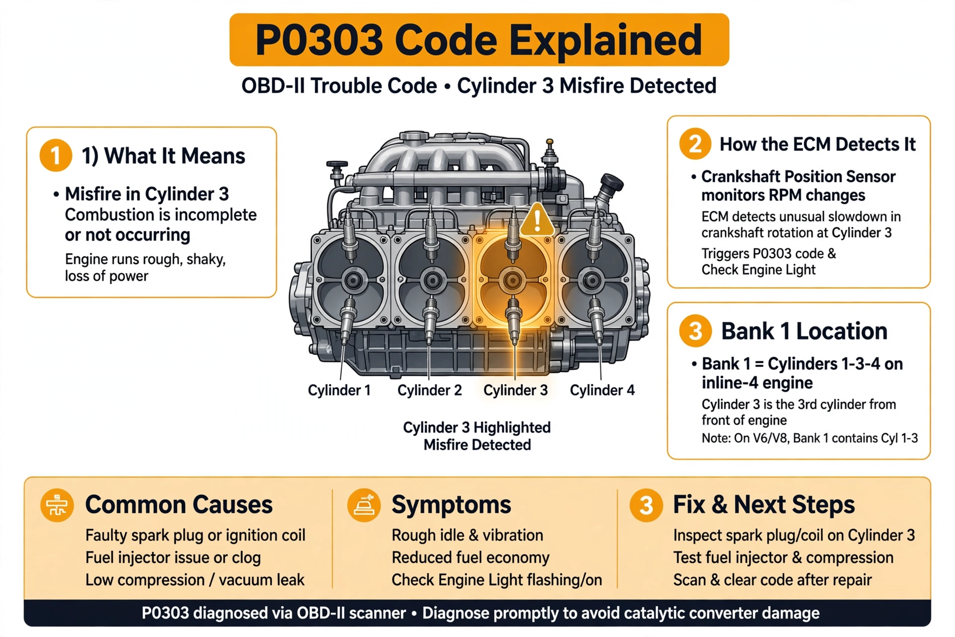 P0303 code explained - cylinder 3 misfire diagram