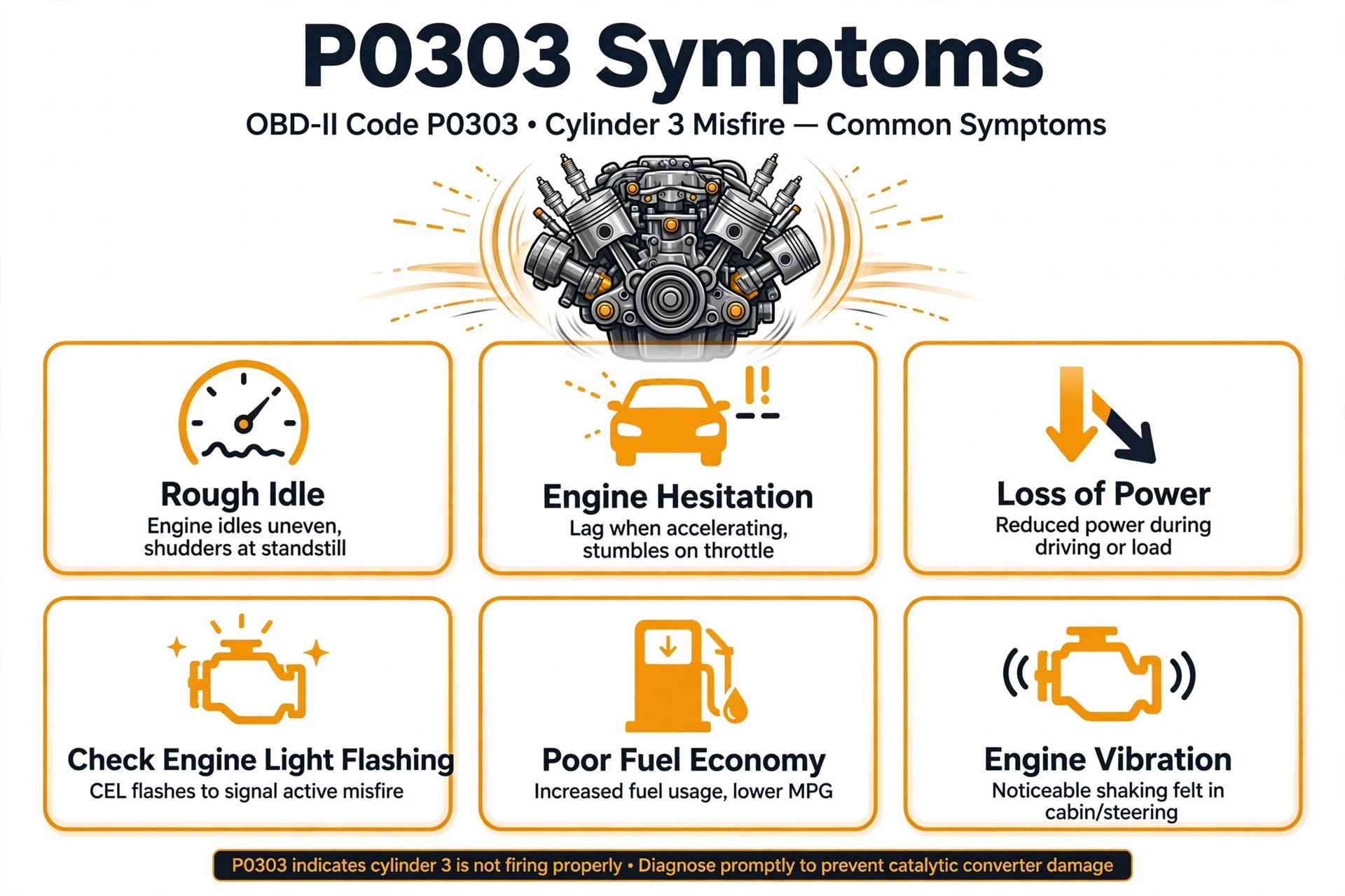 P0303 code symptoms infographic