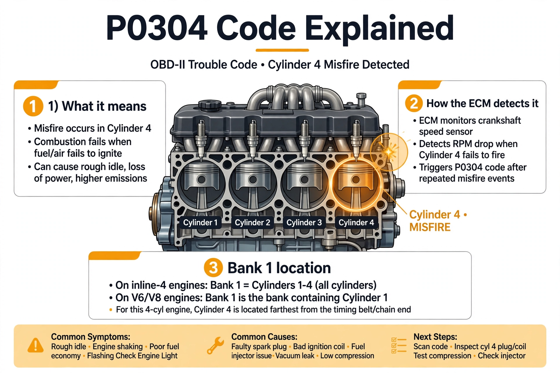 P0304 code explained - cylinder 4 misfire diagram